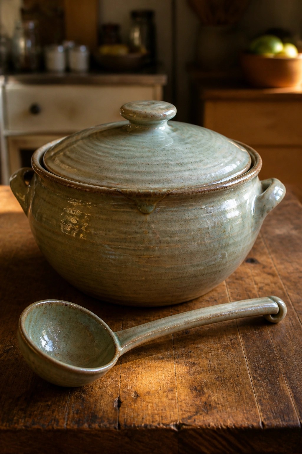 A large green-glazed ceramic lidded pot sits on a wooden table with a matching ladle placed in front of it.