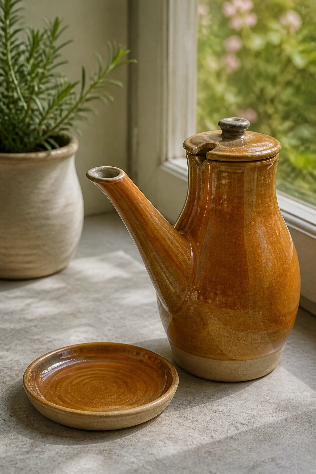 Brown ceramic teapot with lid beside a small matching dish on windowsill.