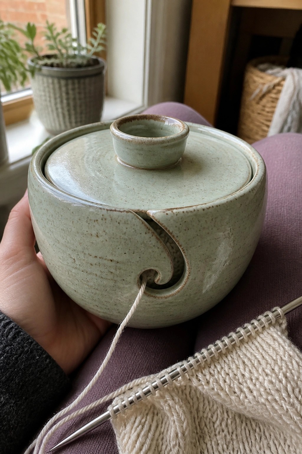 Hand holding light green ceramic yarn bowl with knitting needles on purple fabric.