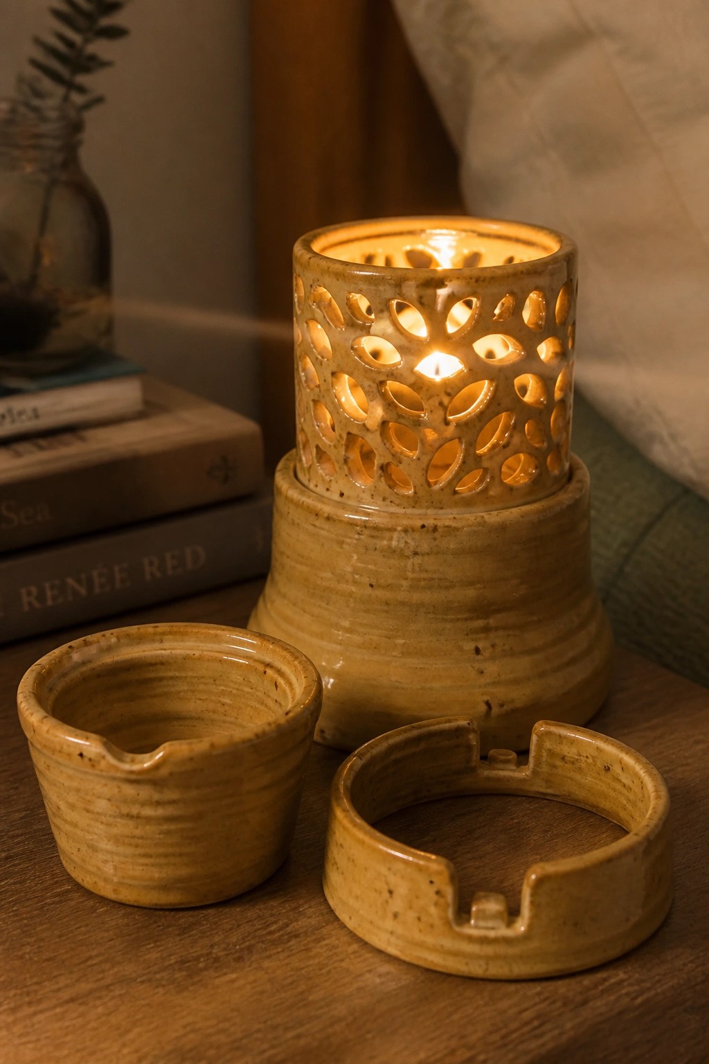 Warmly lit beige ceramic candle holder with cutouts beside two small matching dishes on wood