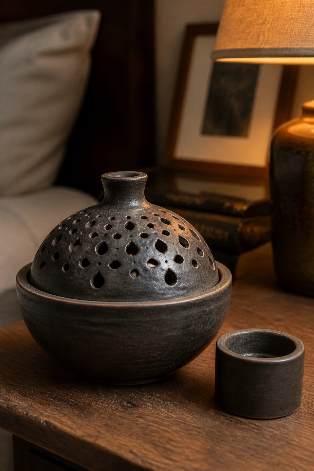 Dark ceramic bowl with perforated lid beside small cup on wooden table