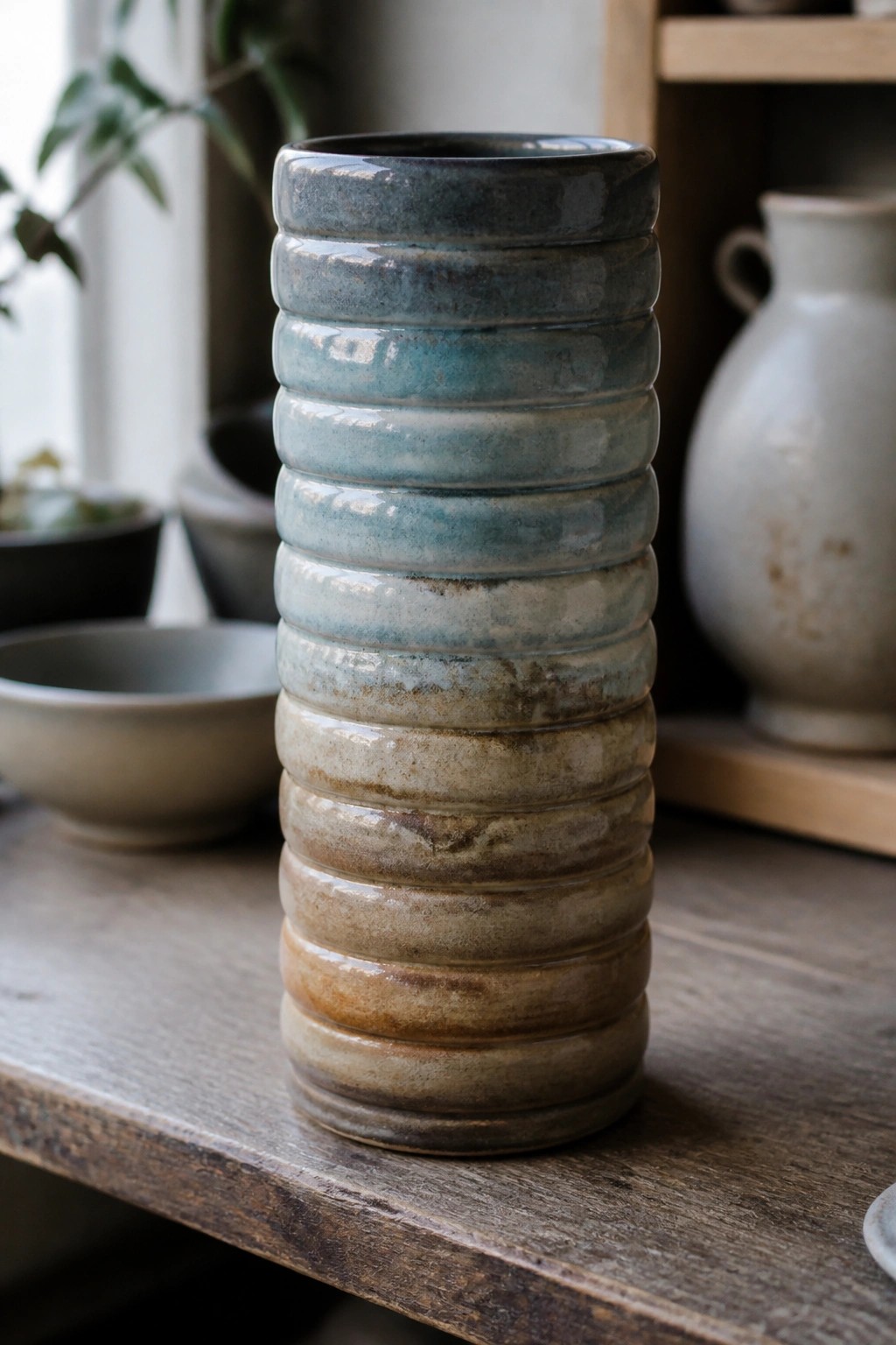 Ribbed ceramic vase with blue-to-brown glaze on rustic wooden table