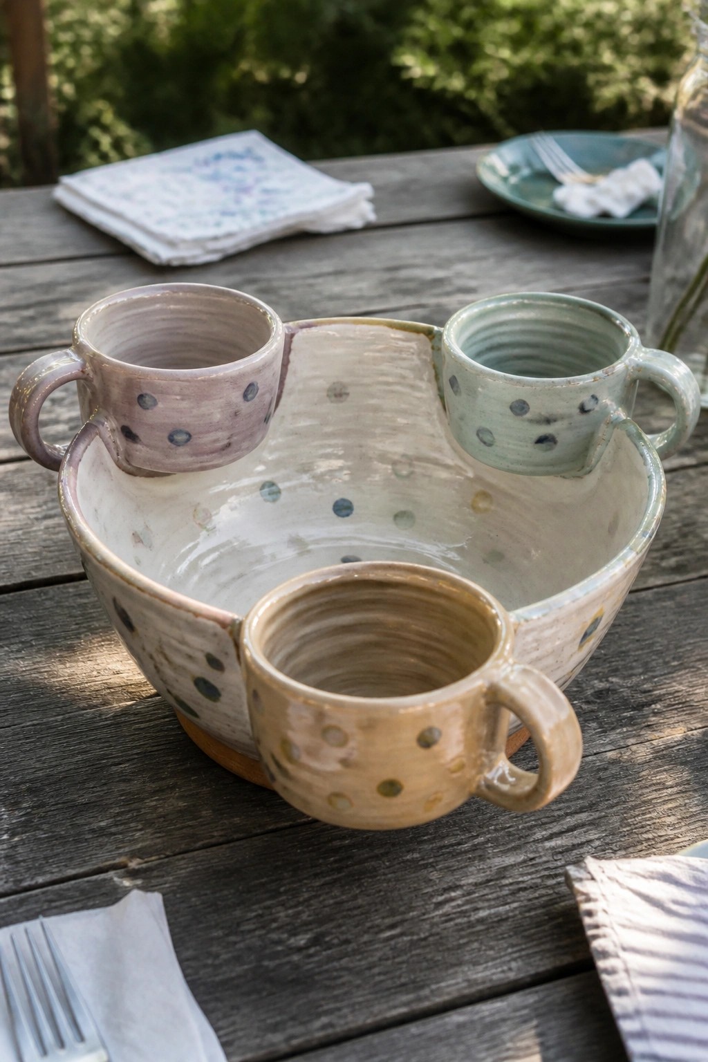 Three polka-dotted ceramic cups attached to large speckled bowl on wooden table