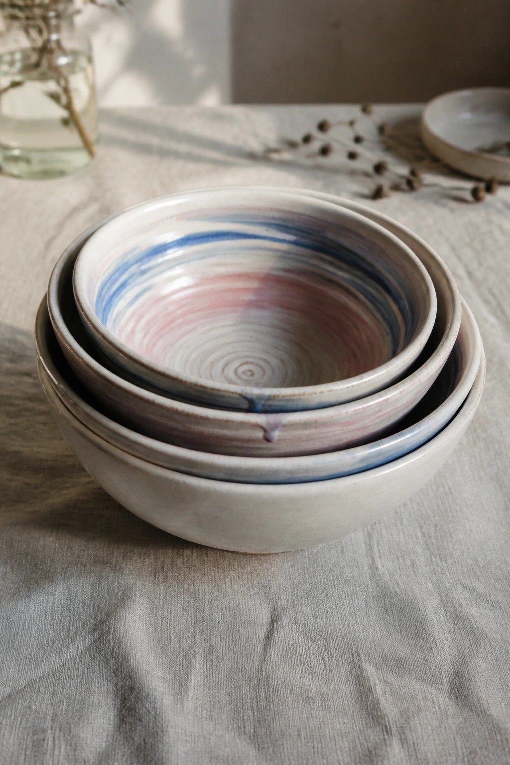 Stacked ceramic bowls with swirling blue and pink glazes on gray linen cloth