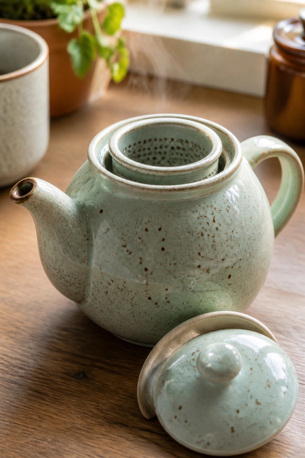 Light green ceramic teapot with lid off, strainer inside, and rising steam.