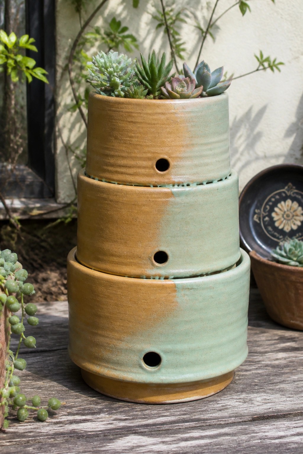 Three wheel-thrown ceramic cylinders stacked into a tiered planter with mustard and mint glaze, each section featuring a small hole and planted with succulents.