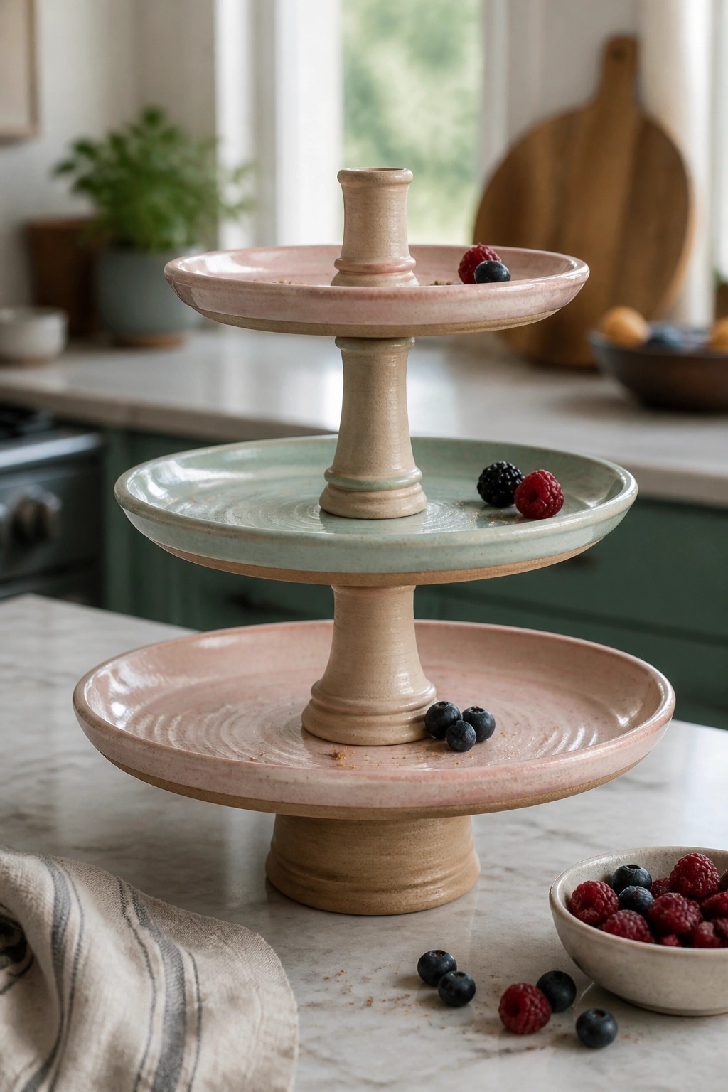 Three-tiered pink and green ceramic stand with berries on marble kitchen counter