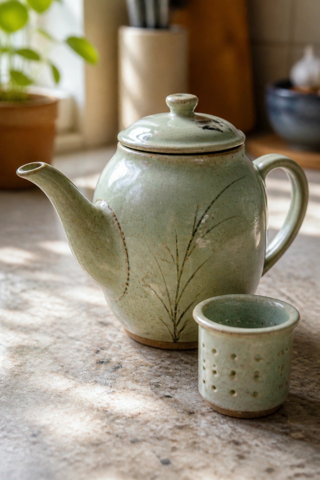 Green ceramic teapot with leaf design beside small perforated cup on marble counter