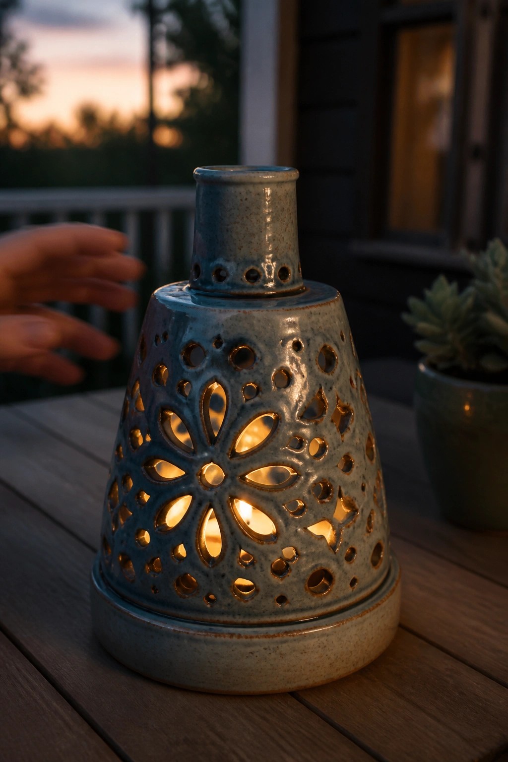 Glowing blue ceramic lantern with cutouts on wooden table at dusk near hand