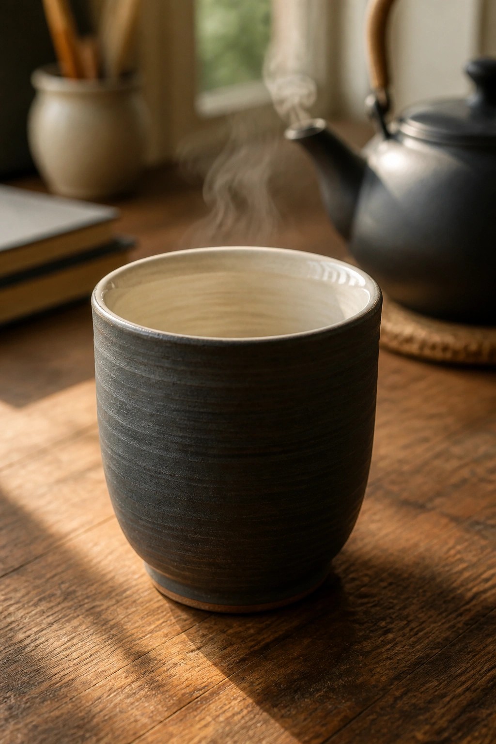 Steaming dark gray ceramic cup on sunlit wooden table with teapot nearby
