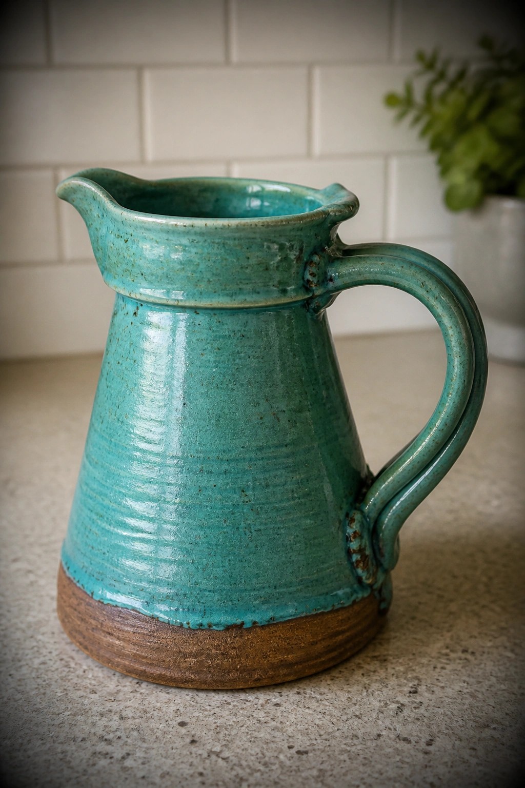 Turquoise ceramic pitcher with brown base and curved handle on countertop
