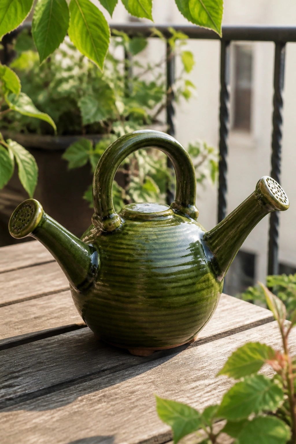 Green ceramic watering can with handle and spout on wooden table outdoors