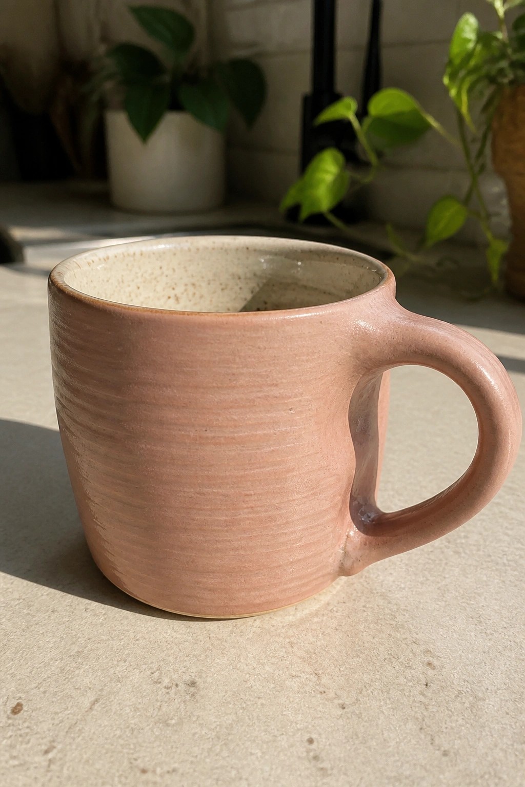Pink ceramic mug on sunlit kitchen counter with green plants behind.