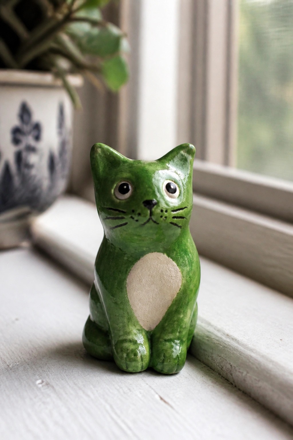 Green ceramic cat figurine with white chest patch on windowsill by plant