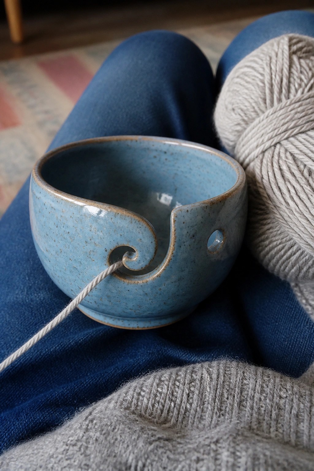 Blue ceramic yarn bowl on denim lap beside gray yarn and knitting