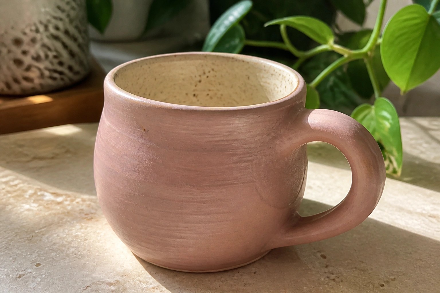Pink ceramic mug on sunlit kitchen counter with green plants behind.