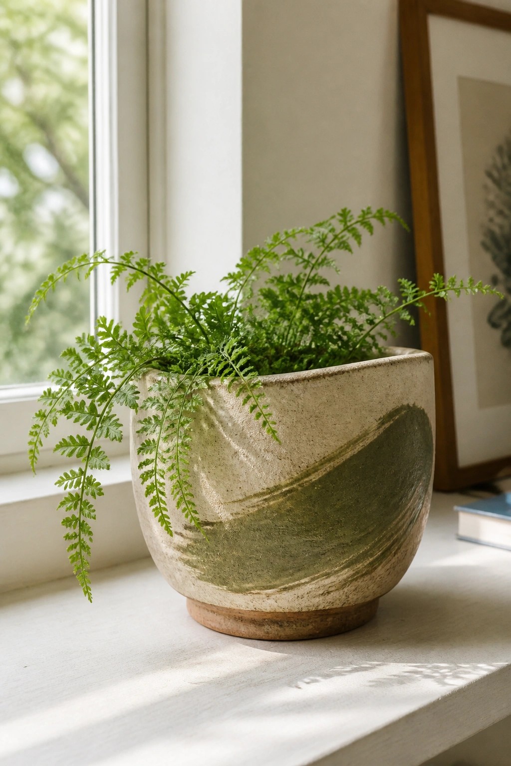 Lush green fern in a textured green-glazed ceramic pot on a sunny windowsill.