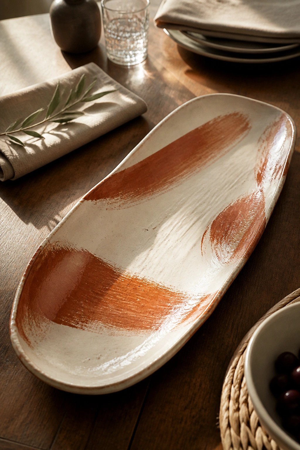 Rustic ceramic oval platter with reddish brushstrokes on sunlit wooden table