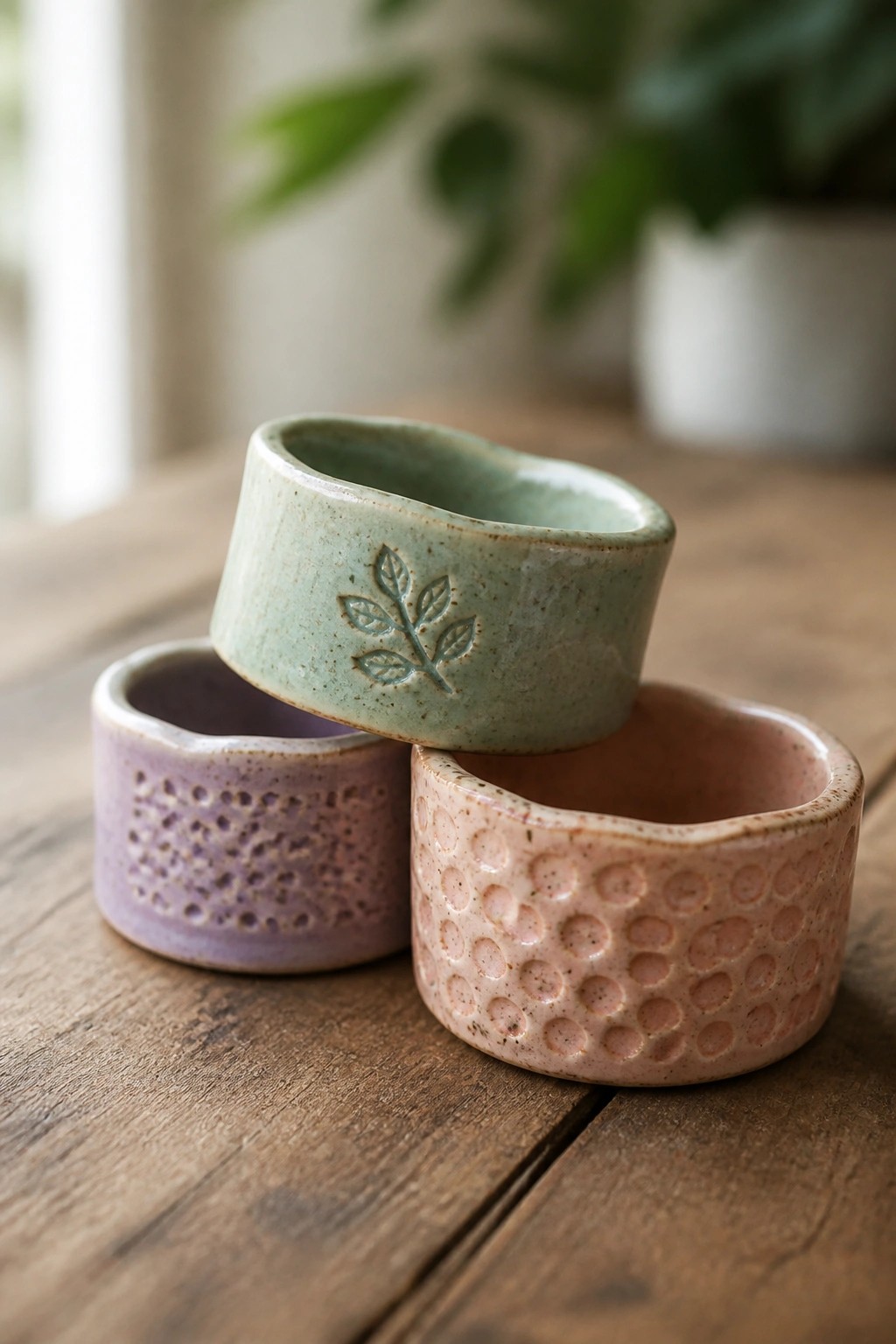 Three pastel ceramic bowls with leaf and dot textures stacked on wooden table