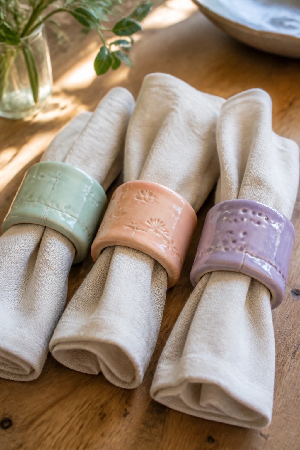 Three rolled beige napkins with pastel ceramic rings on wooden table