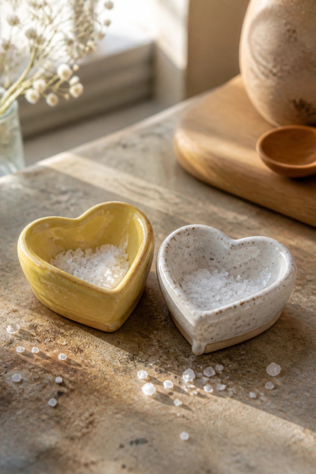 Two heart-shaped ceramic bowls filled with salt on marble surface with spills