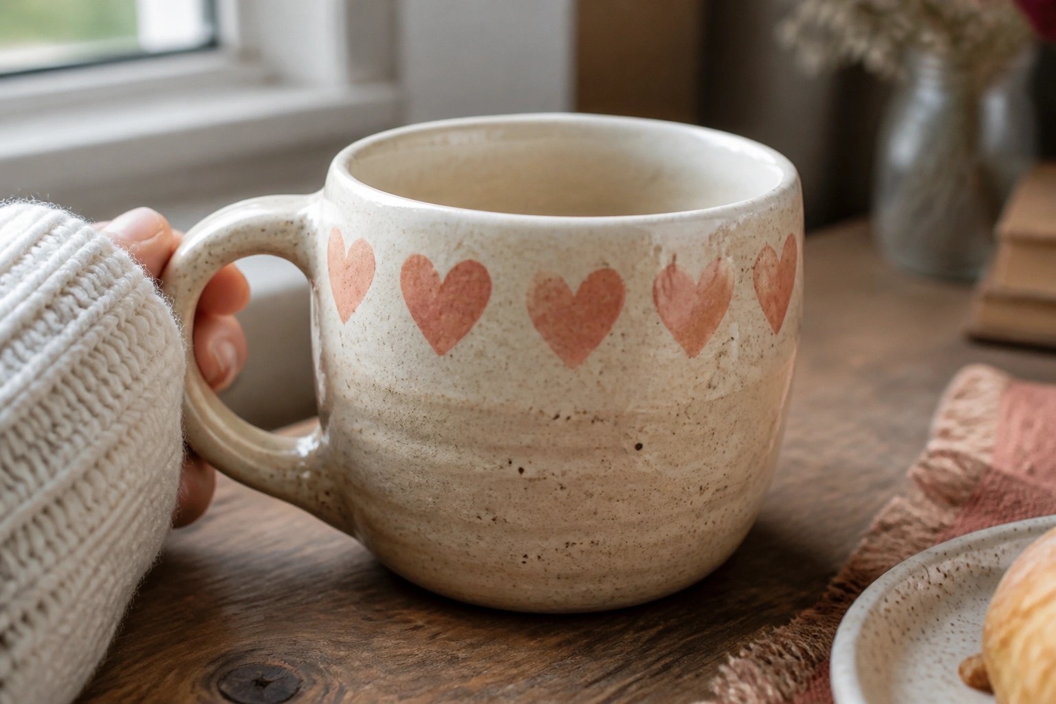 Speckled ceramic mug with pink hearts on wooden table beside sweater, plant, and scone