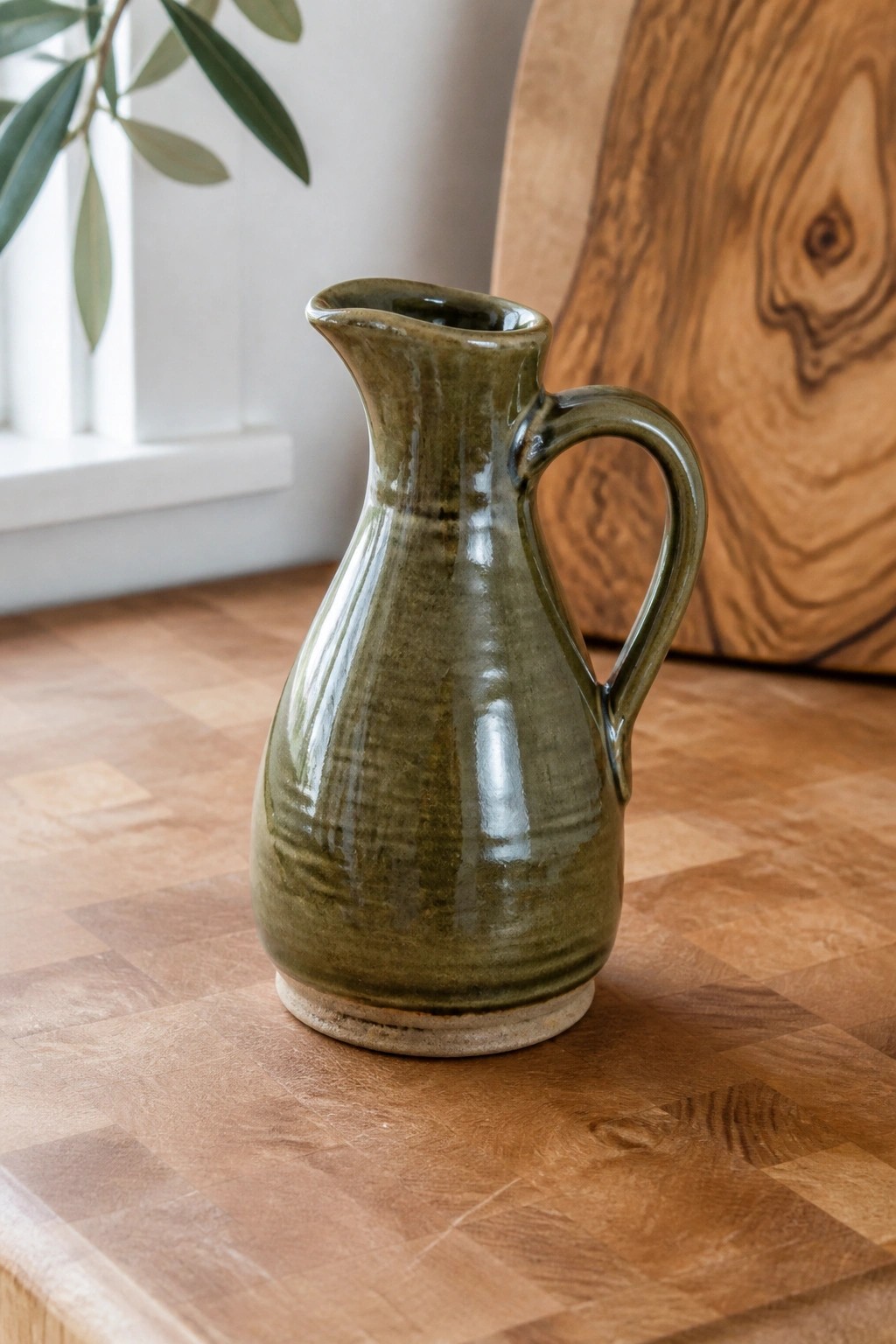 Green ceramic pitcher with handle on wooden table near plant and board