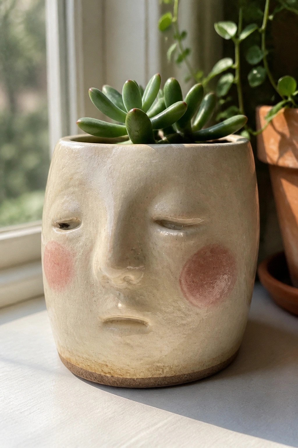 Beige ceramic face planter with closed eyes, pink cheeks, and green succulent on windowsill.