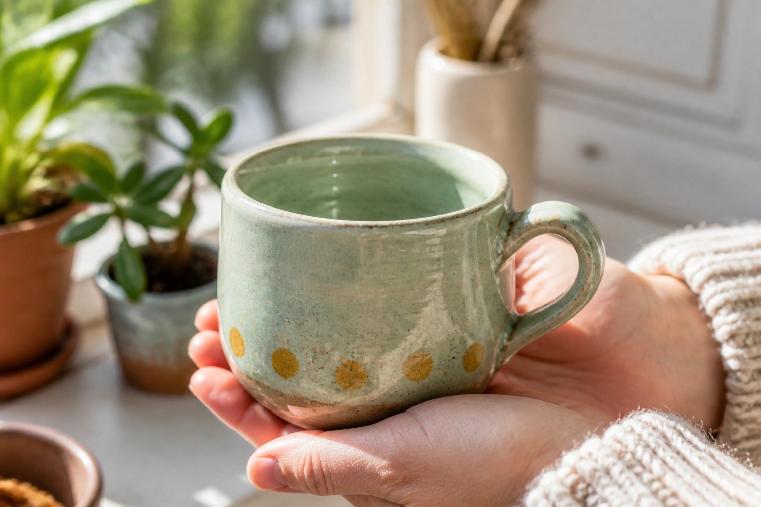 Hands in cream knit sweater hold green speckled mug with yellow dots.