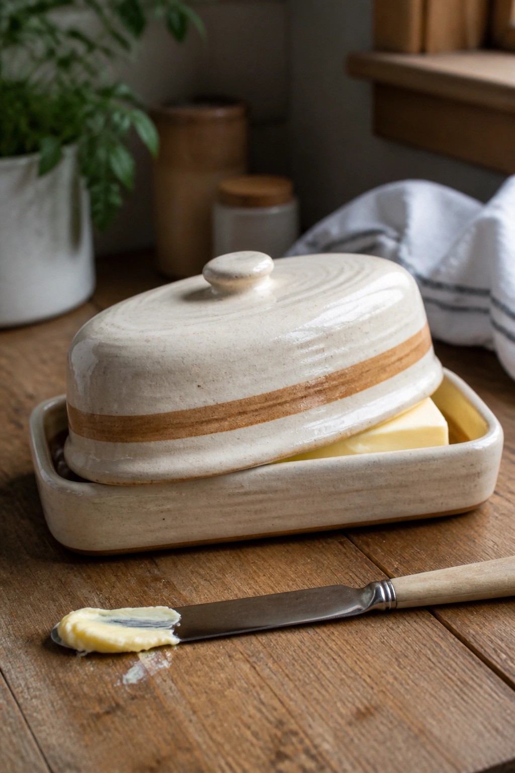 Ceramic butter dish with lid ajar revealing butter beside knife on wooden table