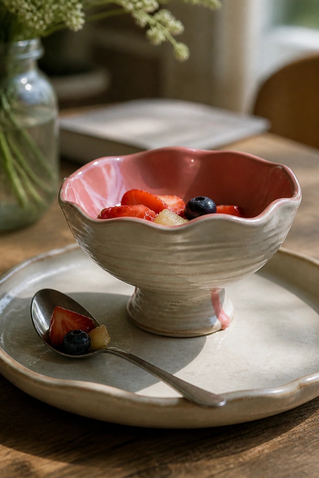 Pink ceramic bowl of strawberries and blueberries with spoon on a plate.