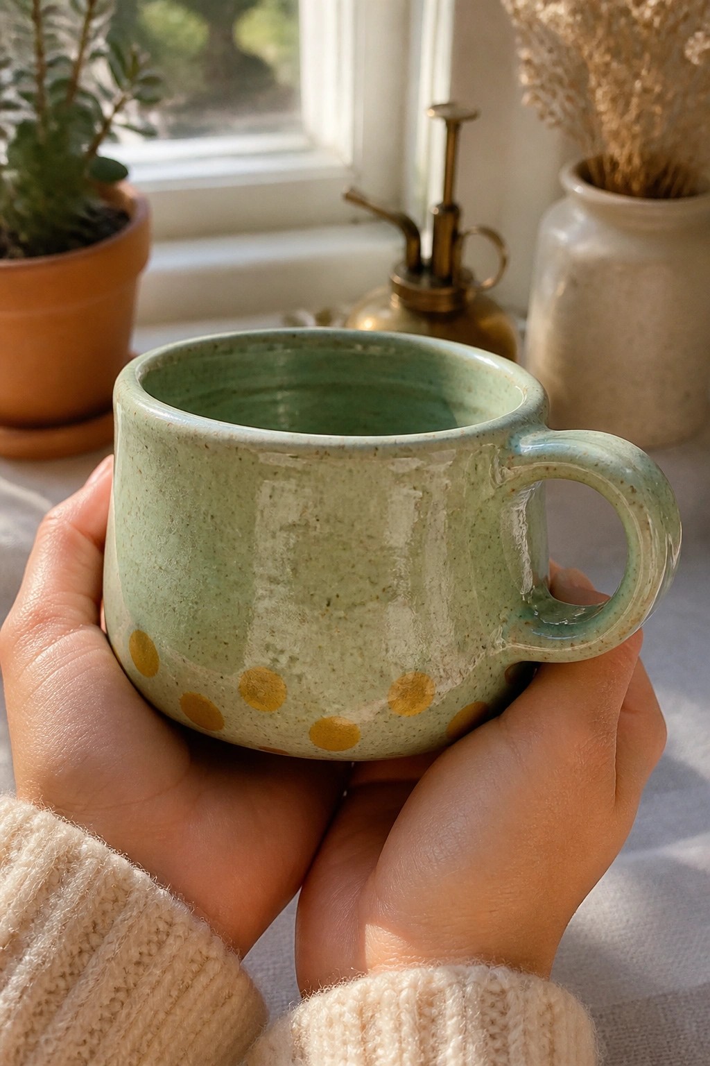 Hands in cream knit sweater hold green speckled mug with yellow dots.