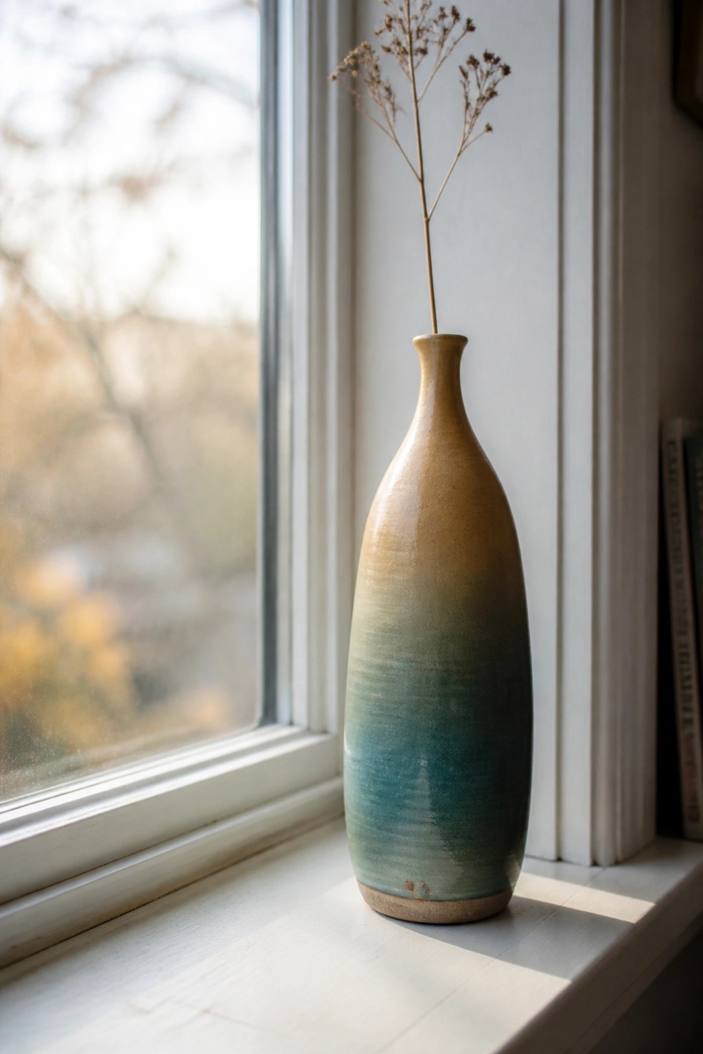 A tall ceramic vase with a brown-to-teal gradient glaze sits on a white windowsill holding dried plant stems.