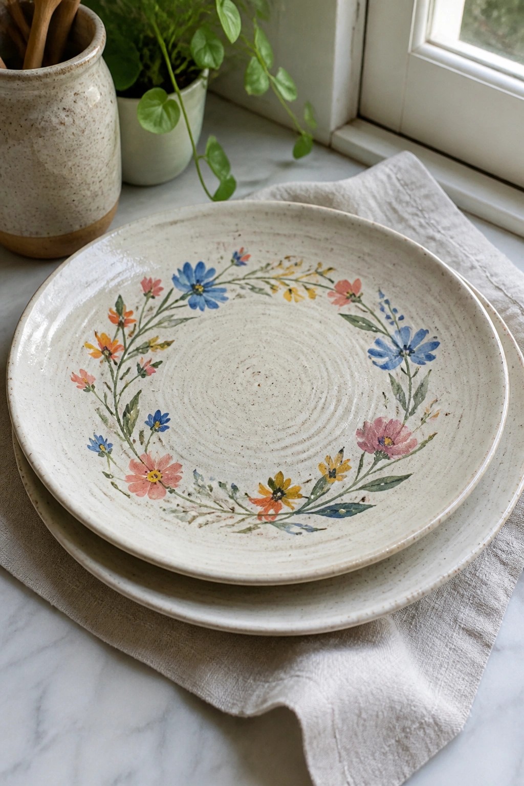 Floral ceramic plates stacked on linen by marble windowsill with potted plants