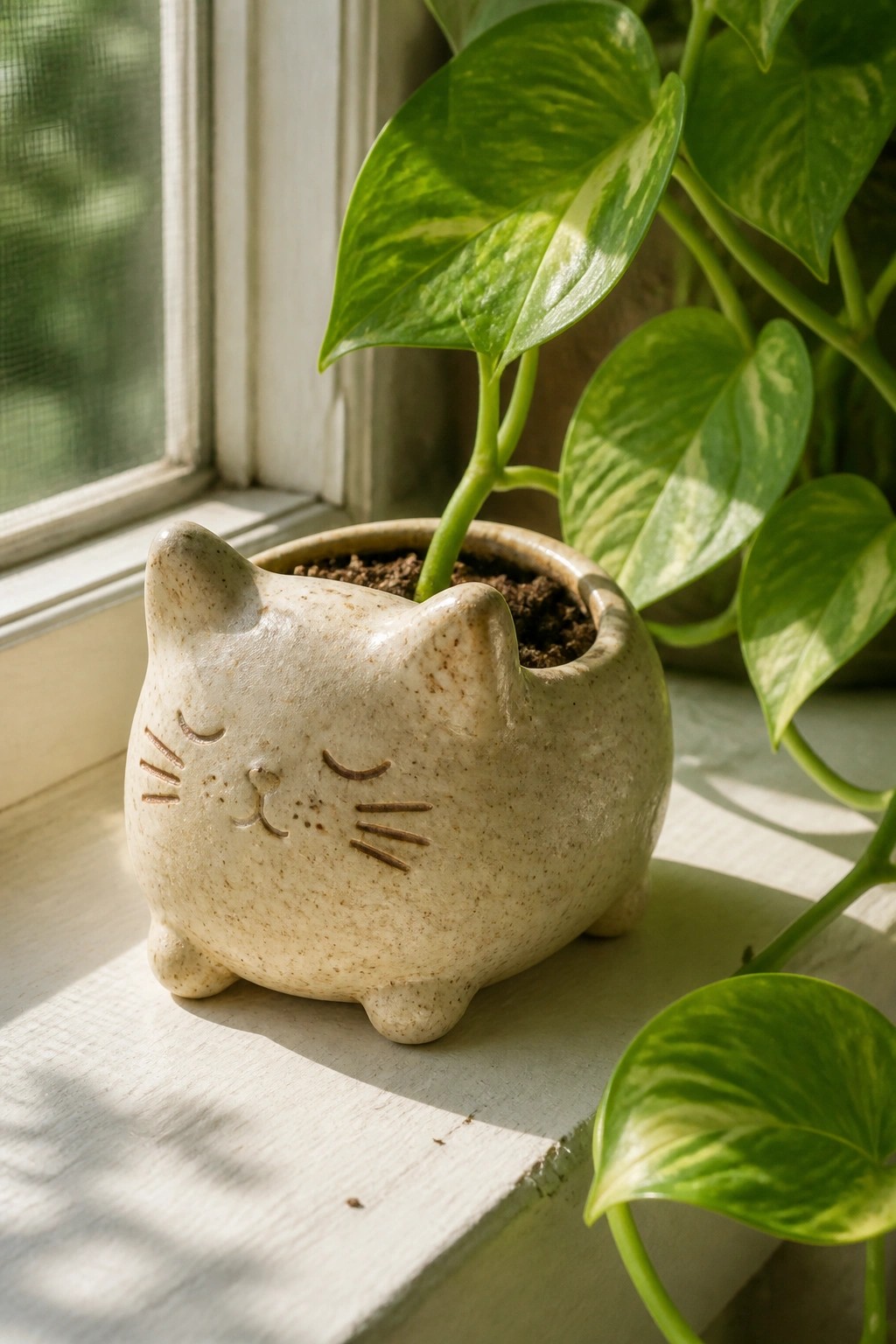 Speckled beige cat-shaped planter with variegated green plant on sunlit windowsill