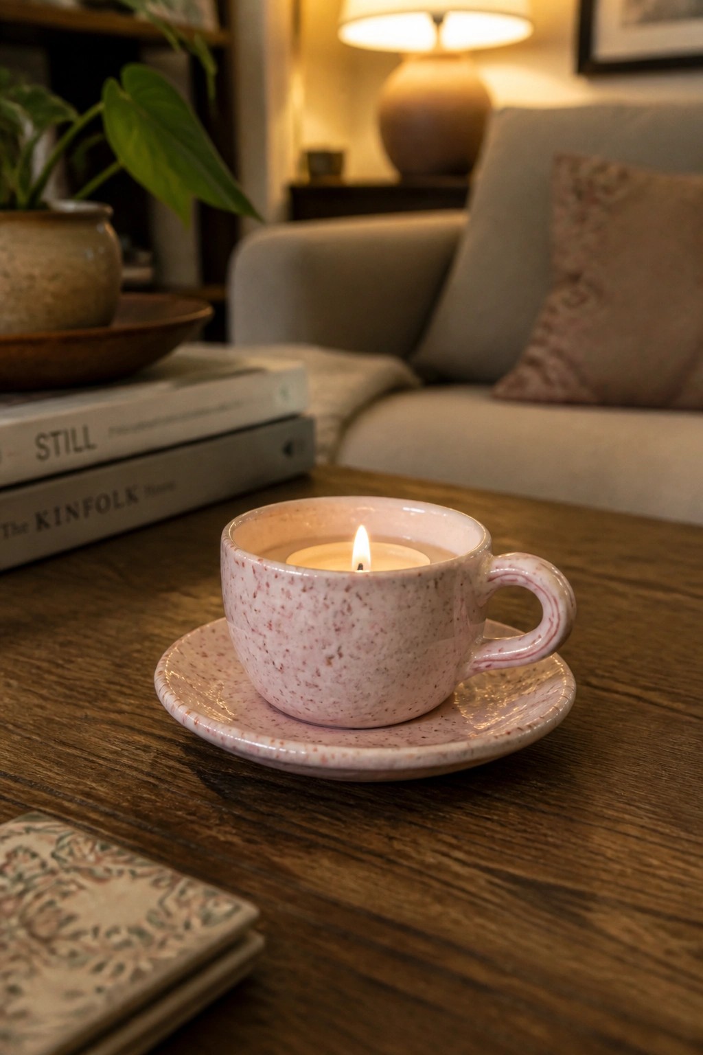 Lit candle in pink speckled ceramic cup on saucer atop wooden table