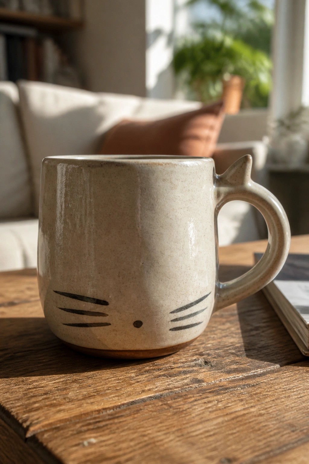 Beige speckled ceramic cat mug with whisker design on wooden table