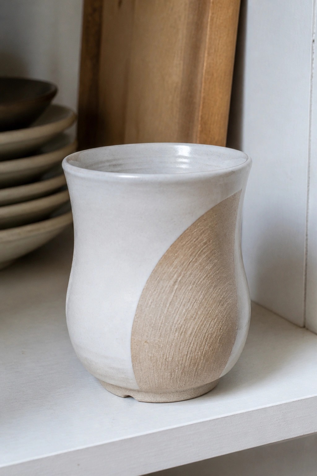 White ceramic cup with curved beige textured section on shelf