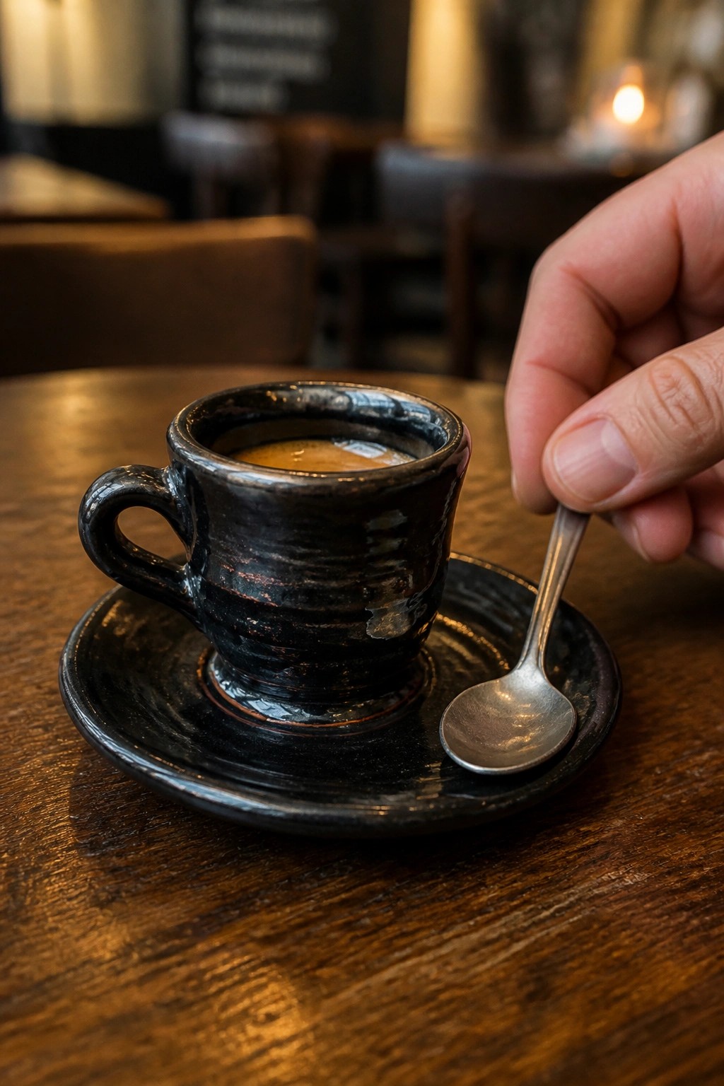 Hand holding spoon beside black ceramic espresso cup on wooden table