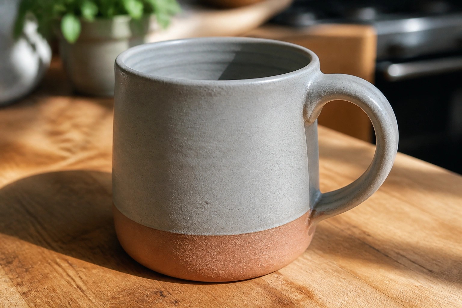 Gray ceramic mug with terracotta base on sunlit wooden kitchen counter with lemons nearby