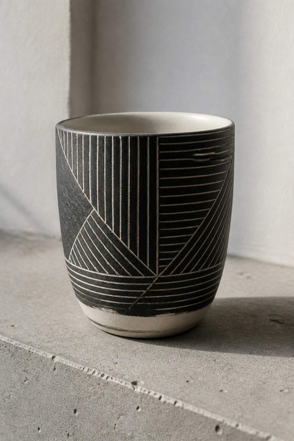 Black ceramic cup with white geometric line patterns on concrete ledge