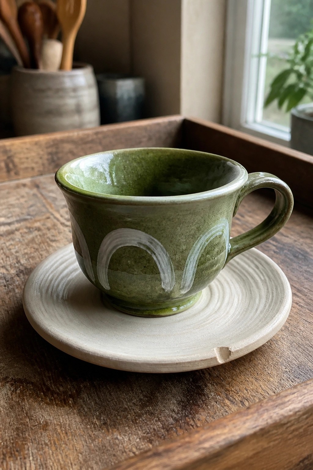 Green ceramic cup with white arcs on ridged saucer atop wooden tray