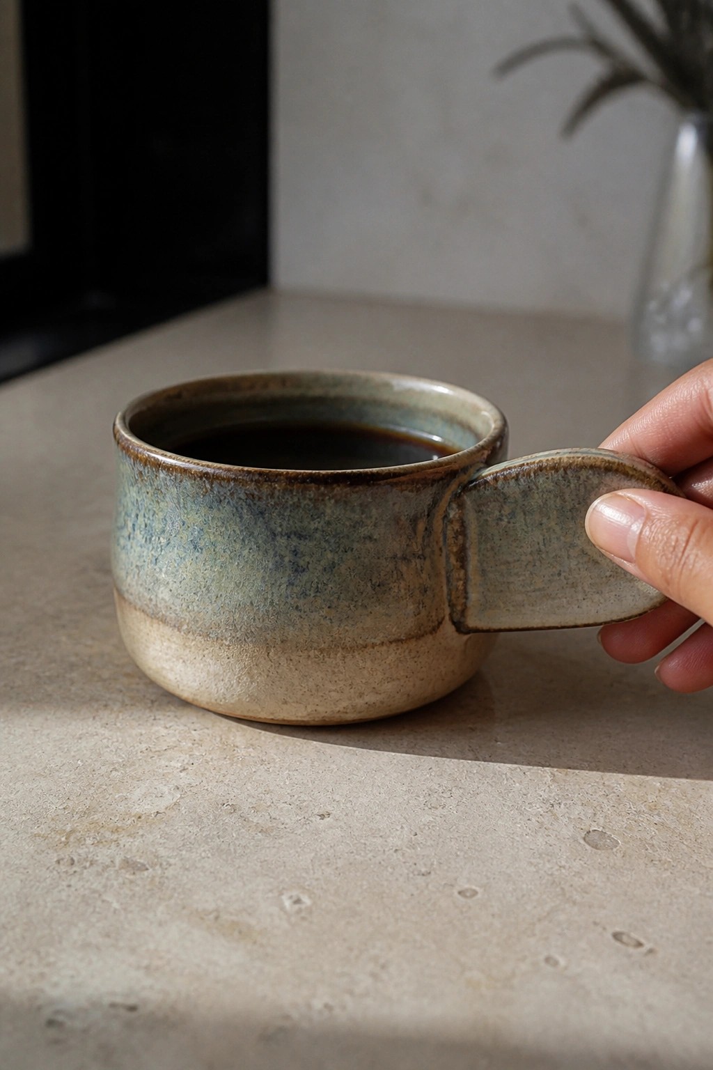 Hand holding handle of speckled blue-green ceramic mug filled with coffee