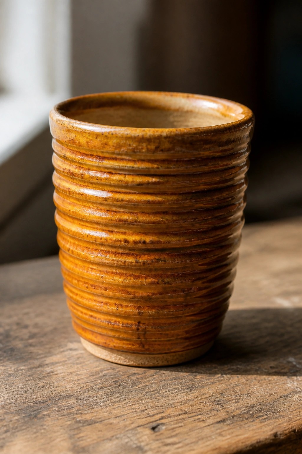 Brown ribbed ceramic cup with glossy glaze on wooden table