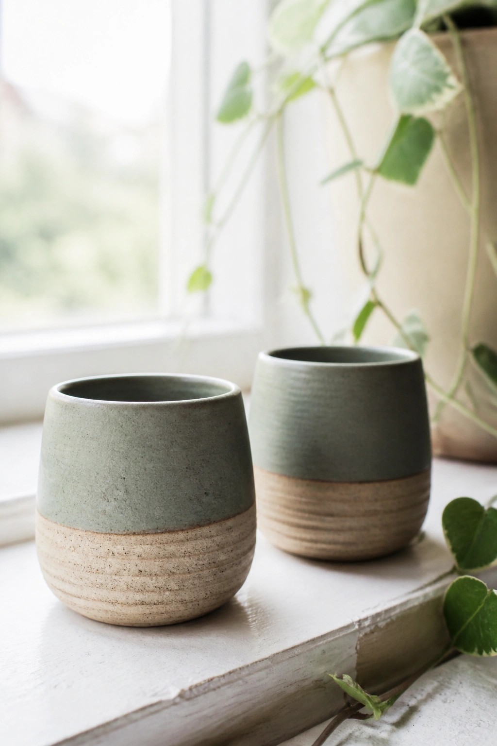 Two green and beige ceramic cups on a white windowsill with houseplants.