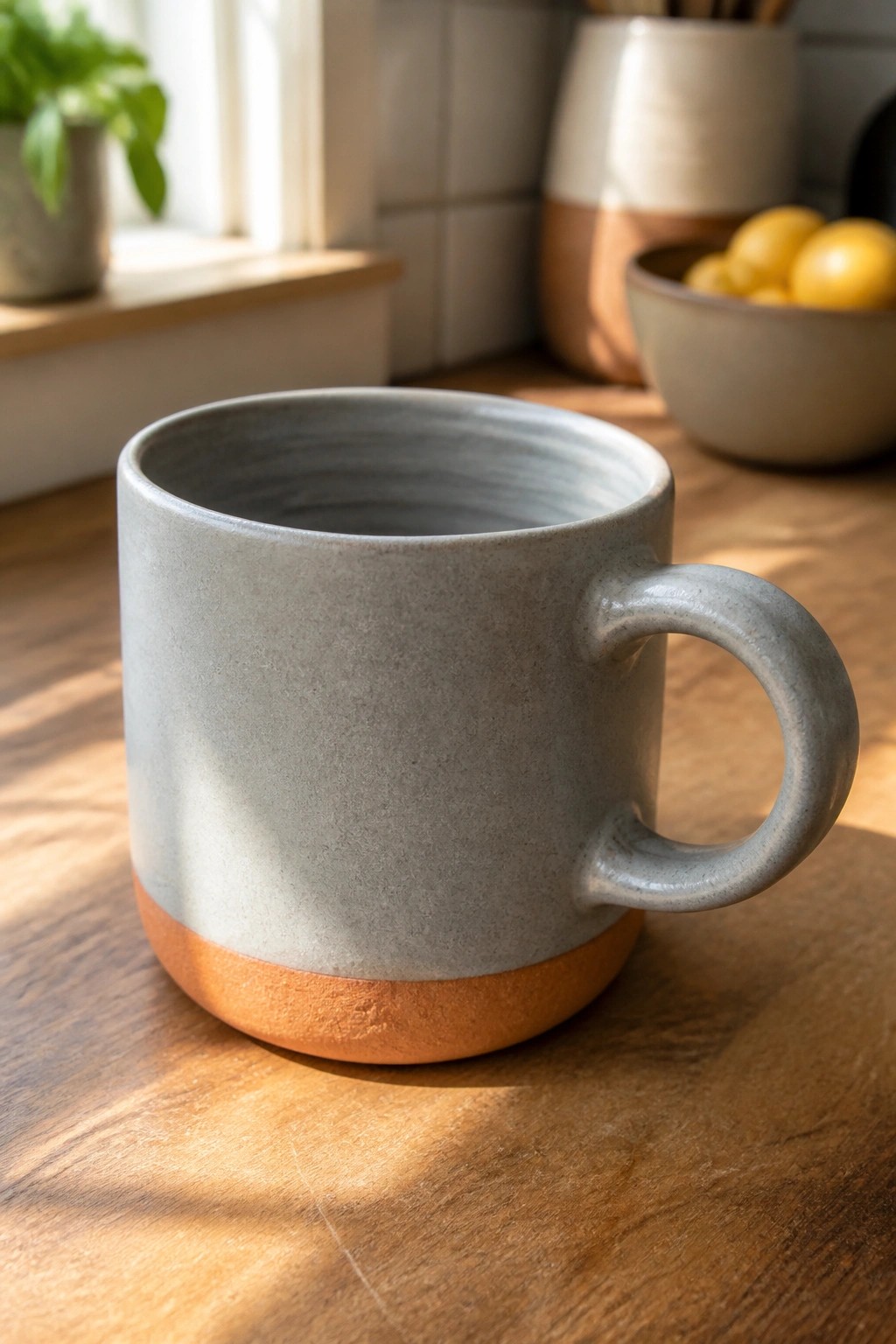 Gray ceramic mug with terracotta base on sunlit wooden kitchen counter with lemons nearby