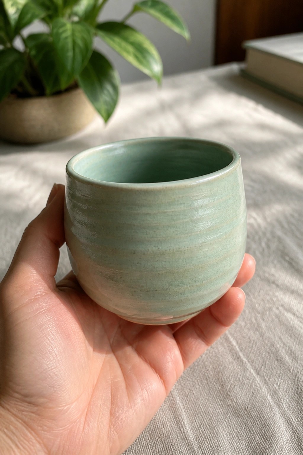 Hand holding a light green ridged ceramic cup near potted plant and book
