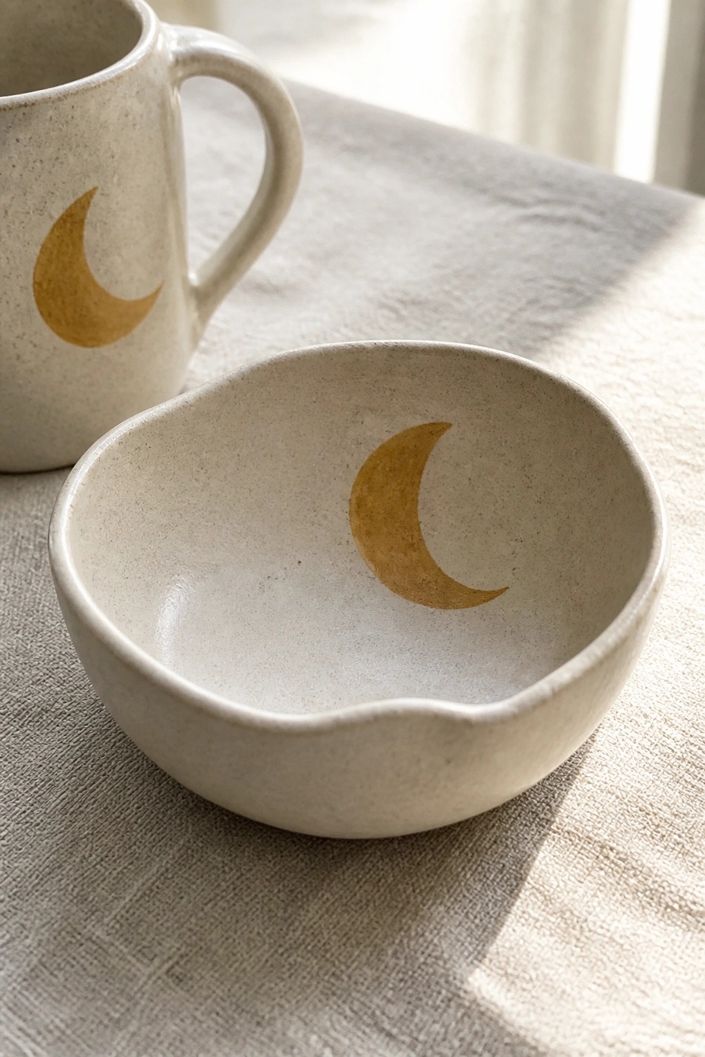 Beige ceramic bowl with gold crescent moon beside matching mug on linen