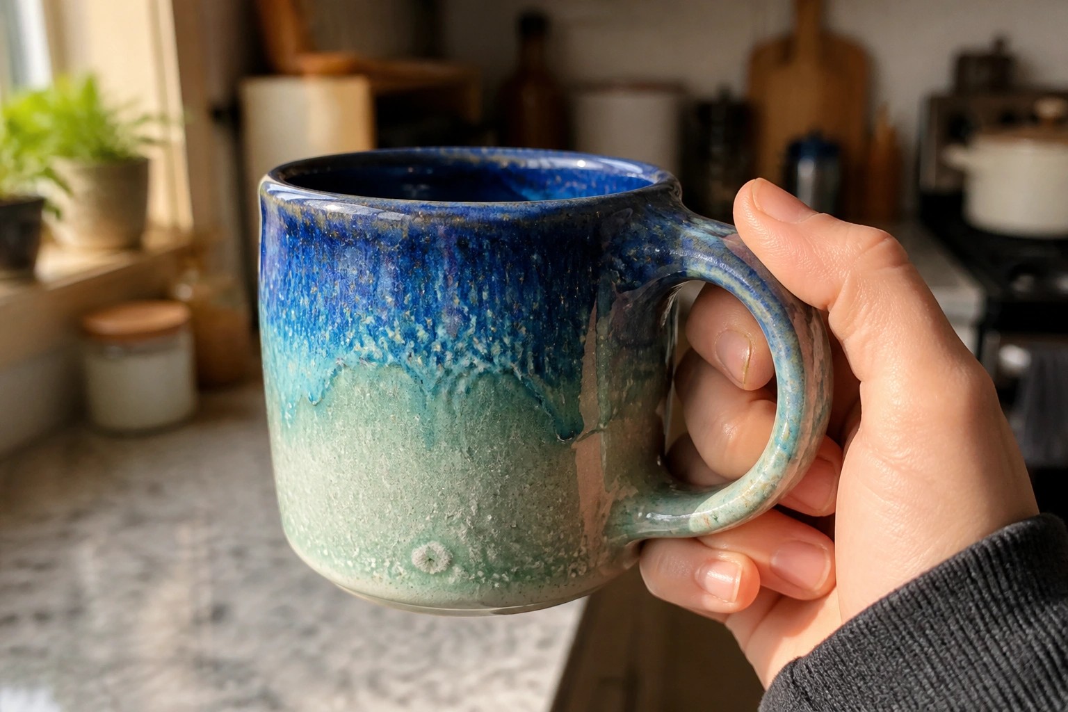 Hand holding glossy blue-to-green ceramic mug in sunlit kitchen setting