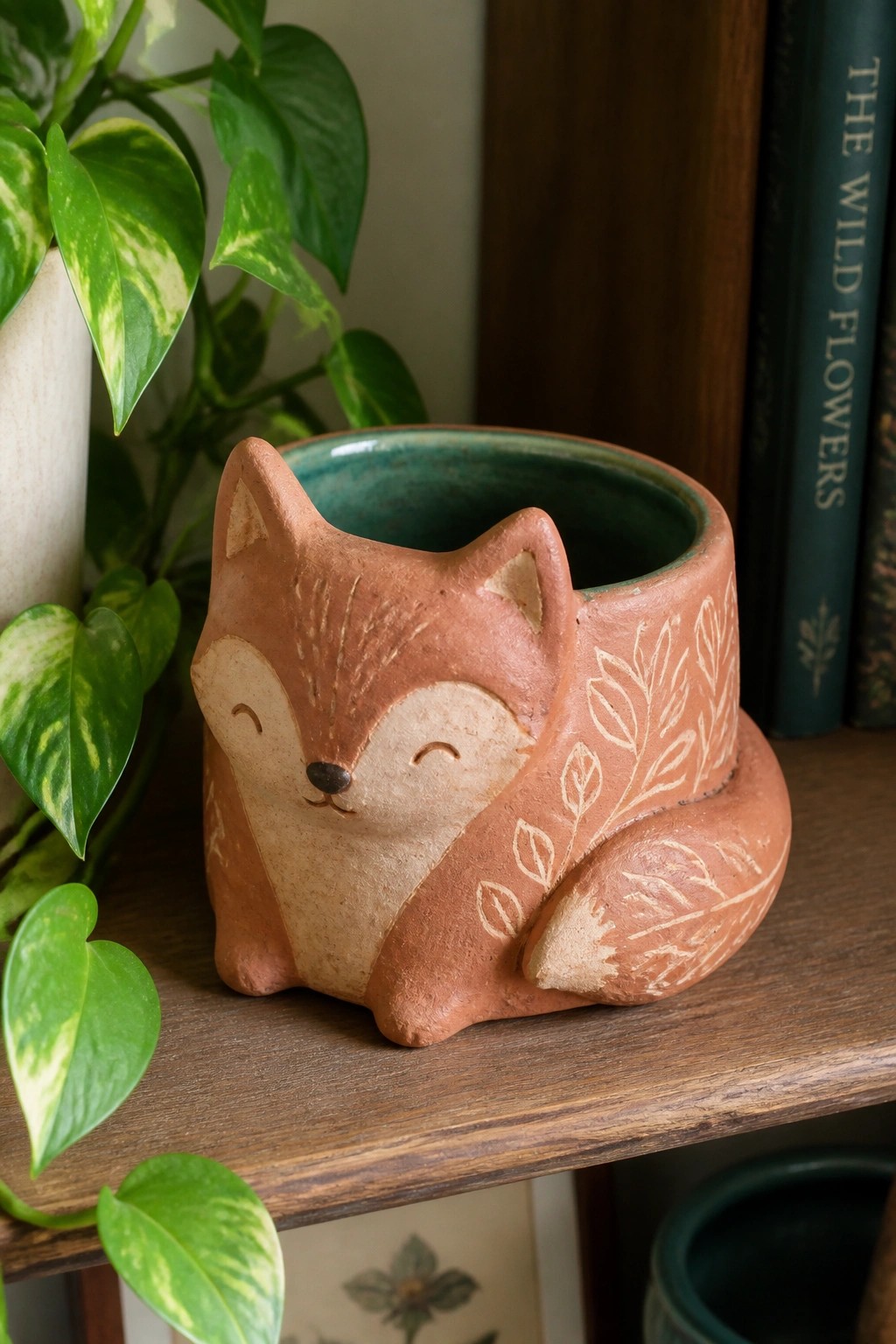 A terracotta fox-shaped ceramic planter with carved leaf designs sits on a wooden shelf next to houseplants and books.